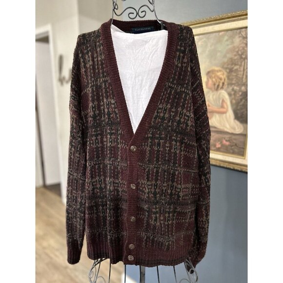 Vintage Claybrooke Cardigan Mens L Maroon Cable Knit Grunge Grandpa Sweater - Picture 1 of 5